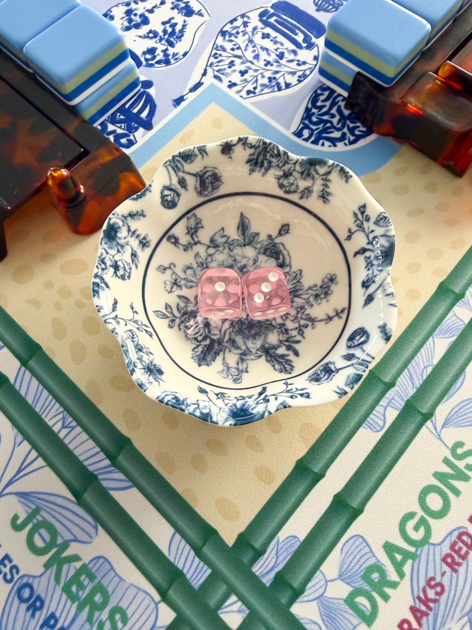 Chinoiserie Floral Mahjong Dice Dish Blue - The Pink Pineapple 850