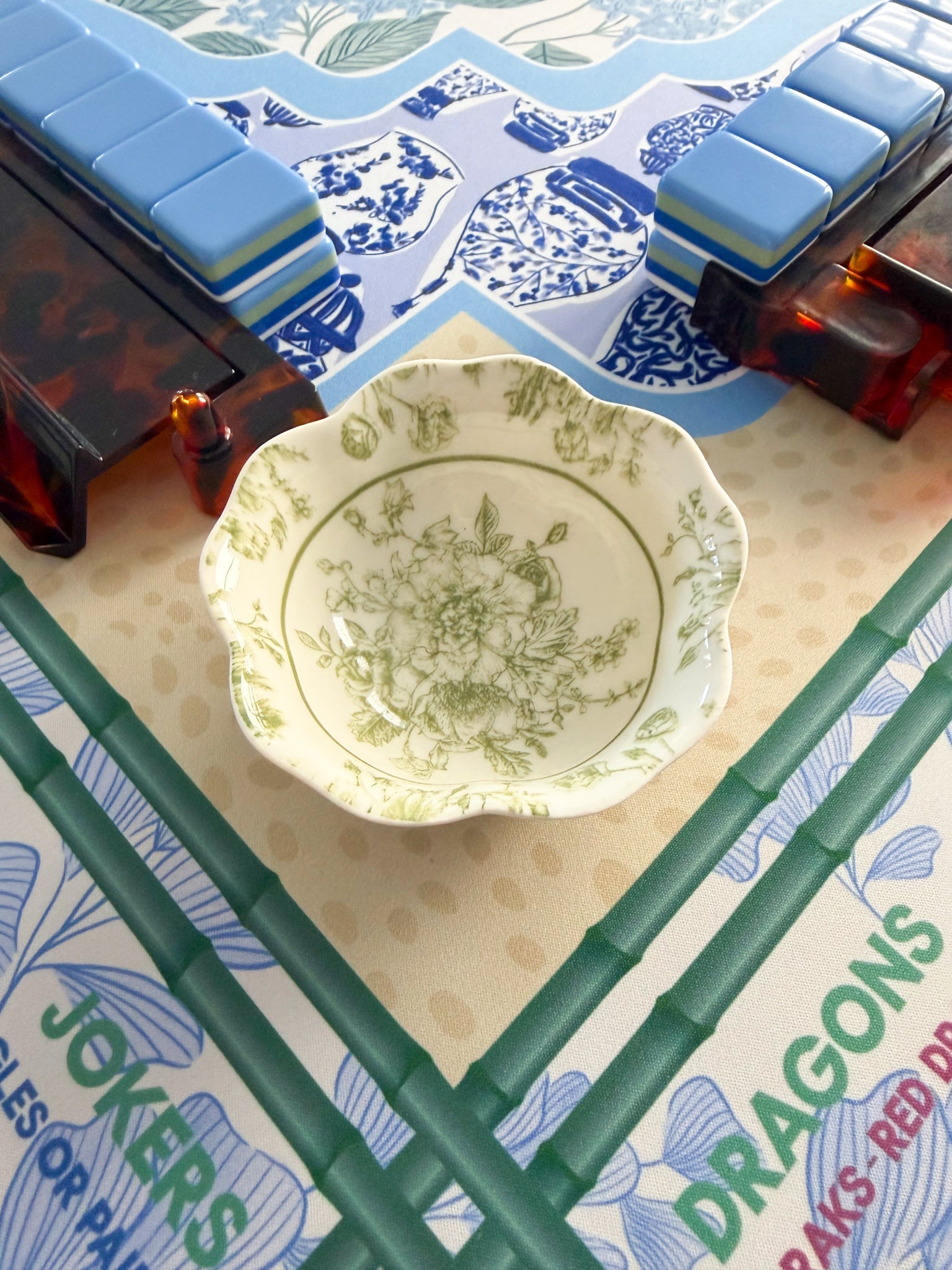 Chinoiserie Floral Mahjong Dice Dish Green - The Pink Pineapple 850