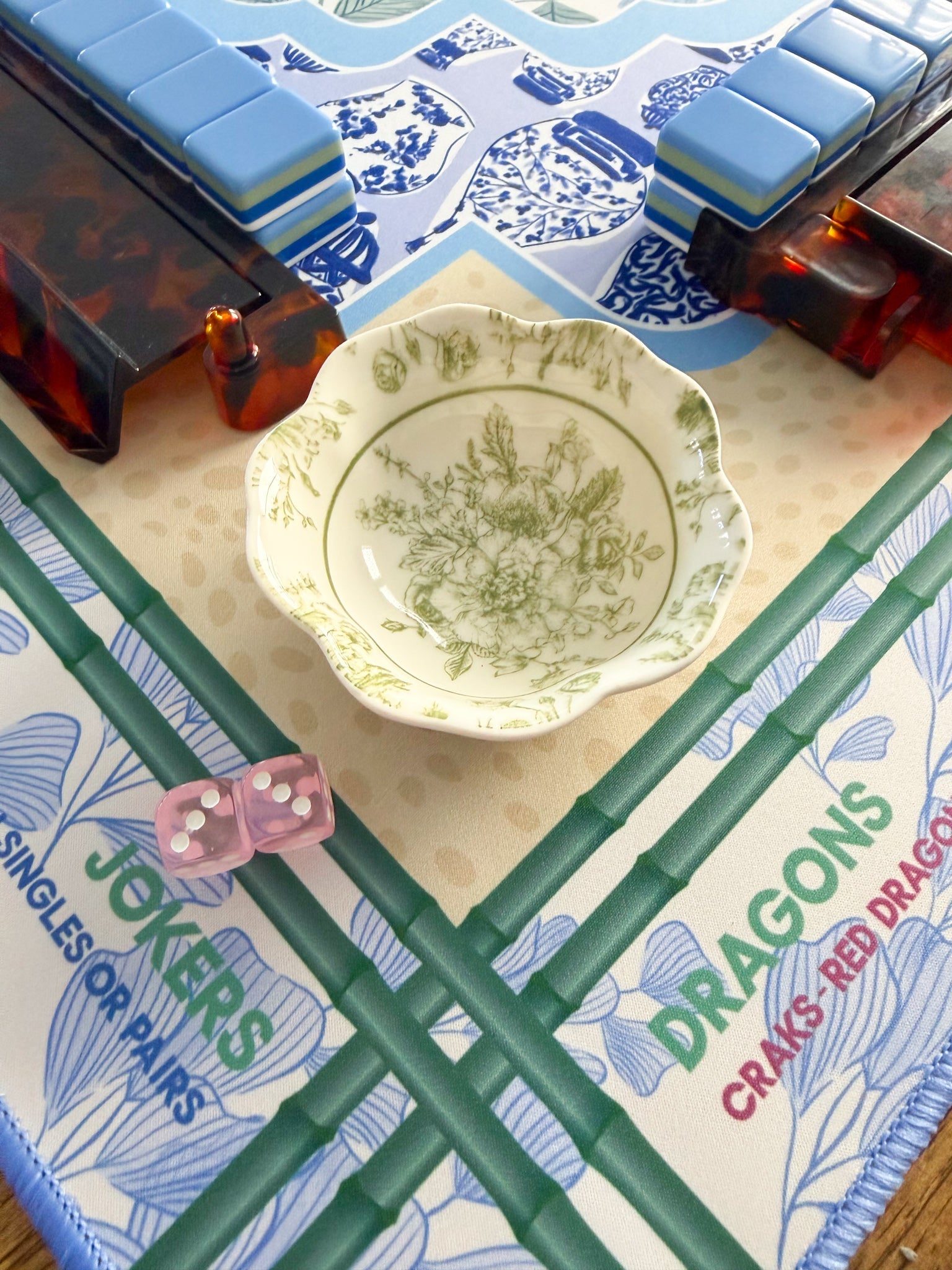 Chinoiserie Floral Mahjong Dice Dish Green - The Pink Pineapple 850