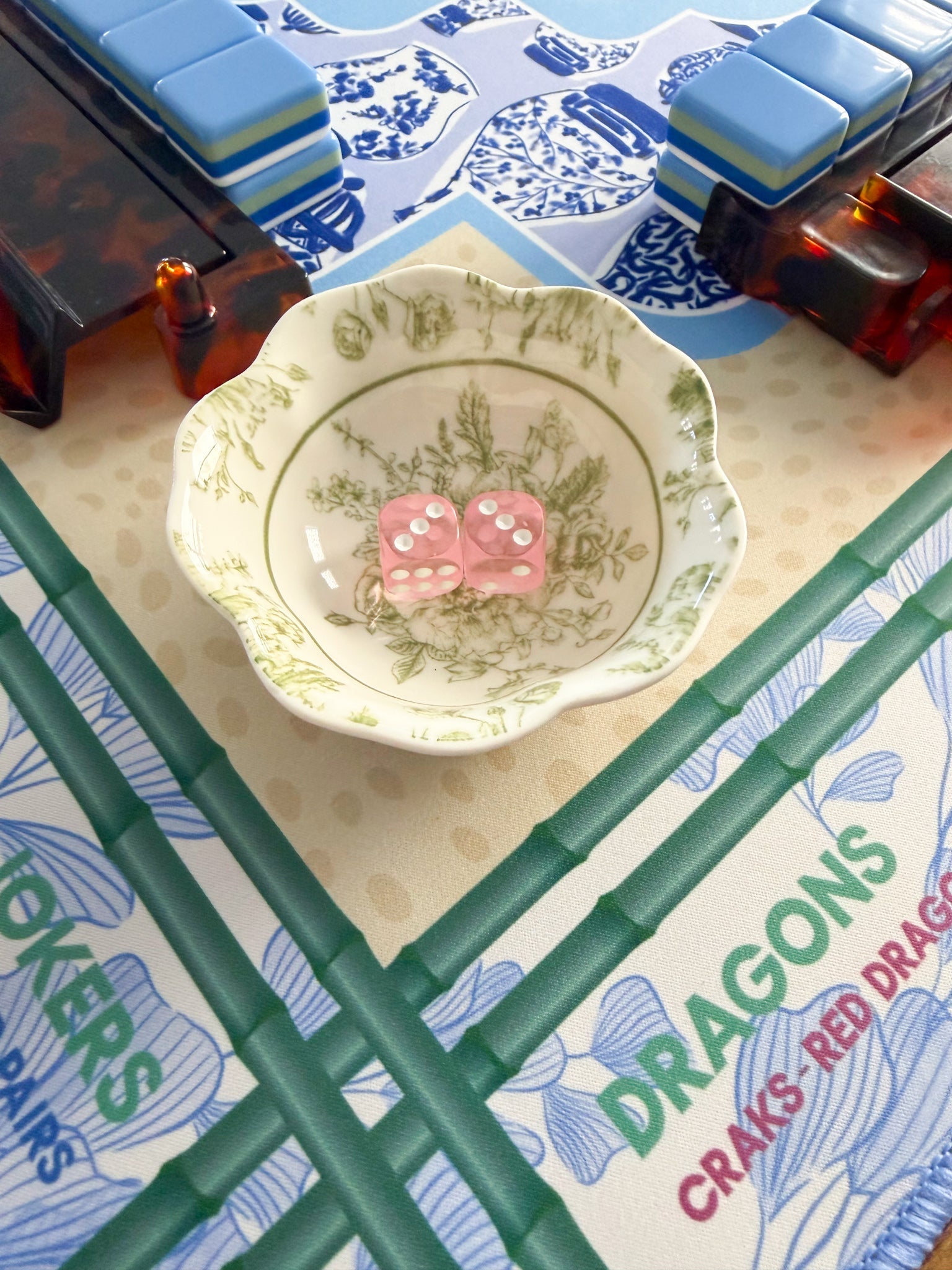 Chinoiserie Floral Mahjong Dice Dish Green - The Pink Pineapple 850