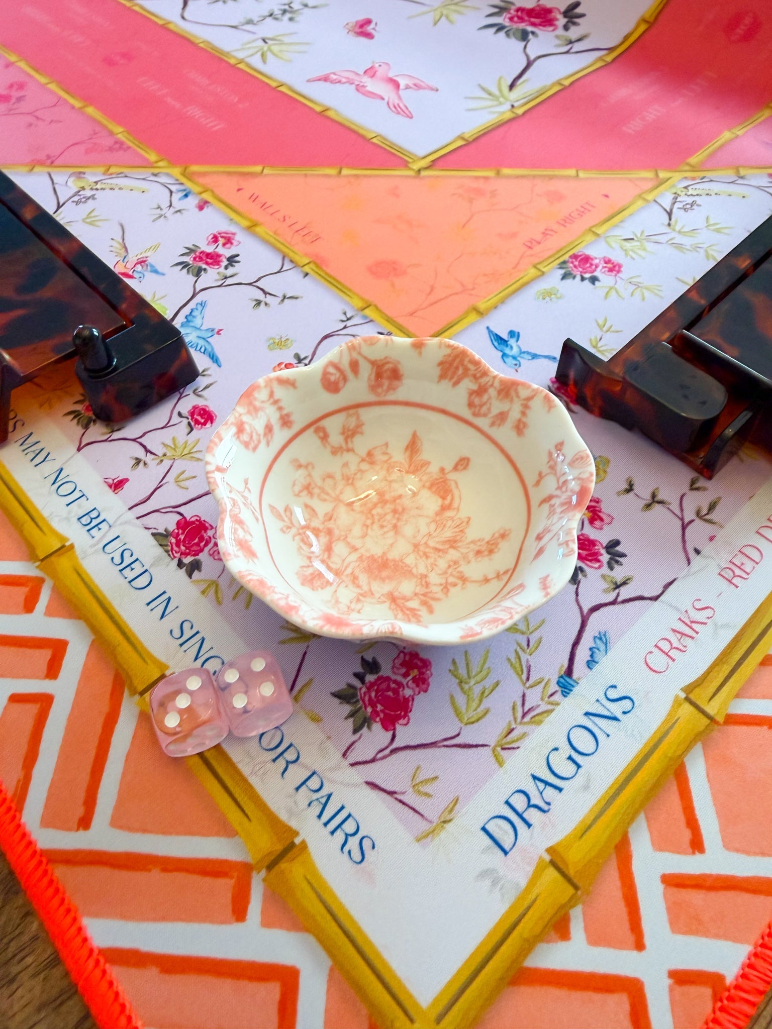 Chinoiserie Floral Mahjong Dice Dish Pink - The Pink Pineapple 850