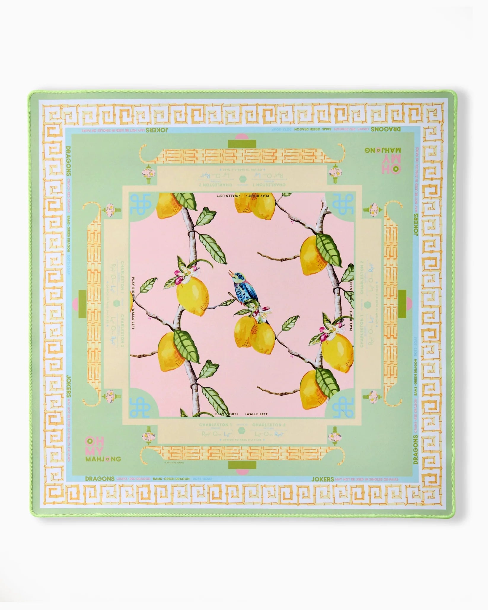 Play in style with the Citrus Songbird Mahjong Mat—pastel green border, lemons, and watercolor bird design for whimsical, elegant game nights.