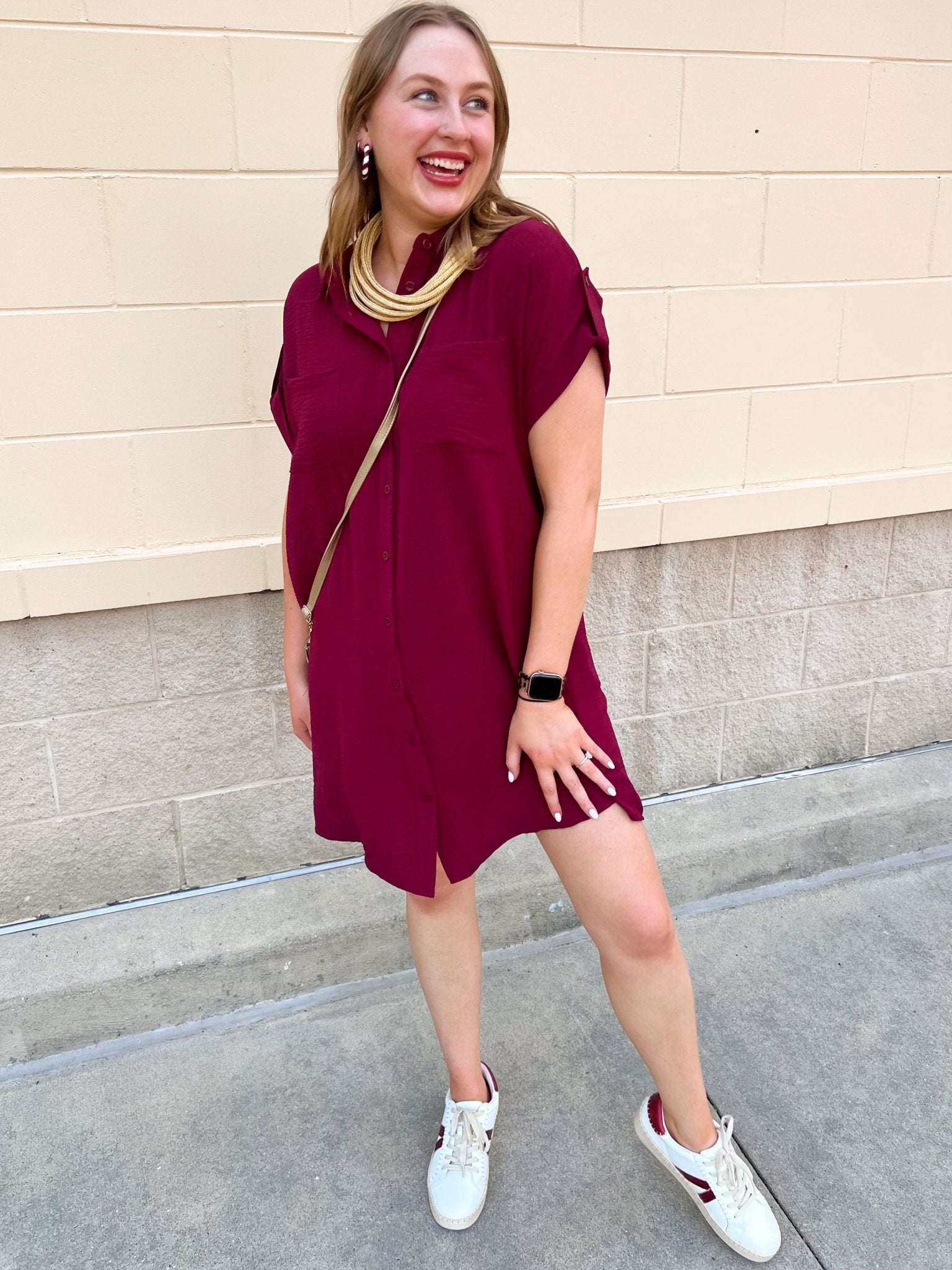 Classic Charm Shirt Dress in Garnet - The Pink Pineapple 850