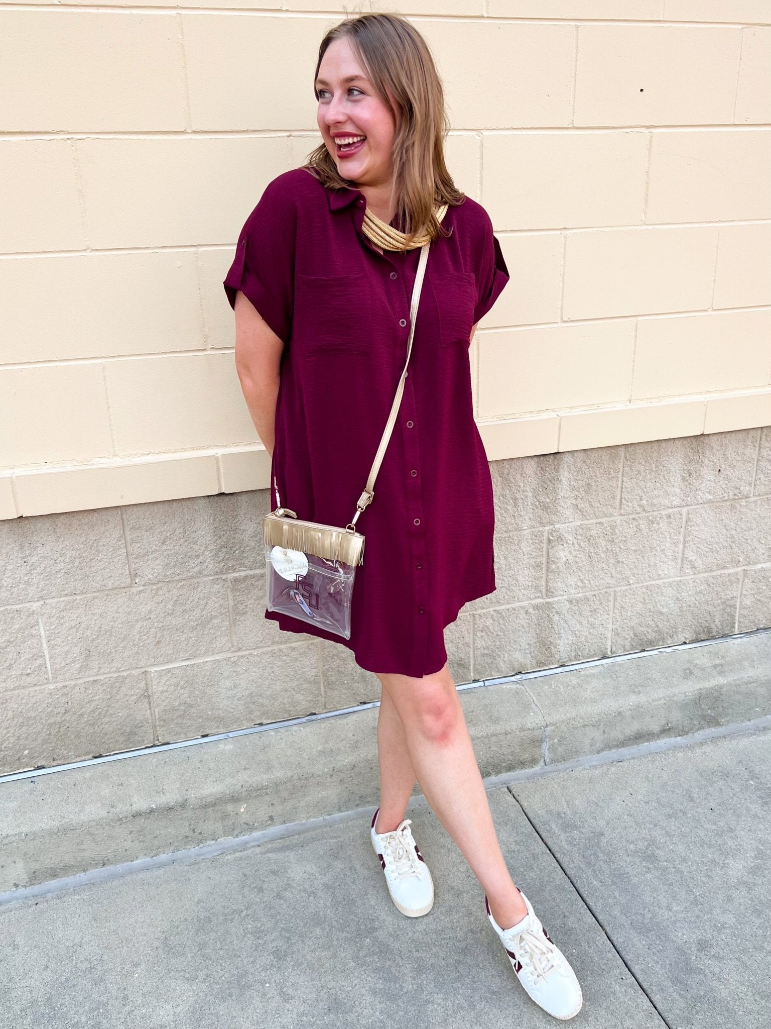 Classic Charm Shirt Dress in Garnet - The Pink Pineapple 850
