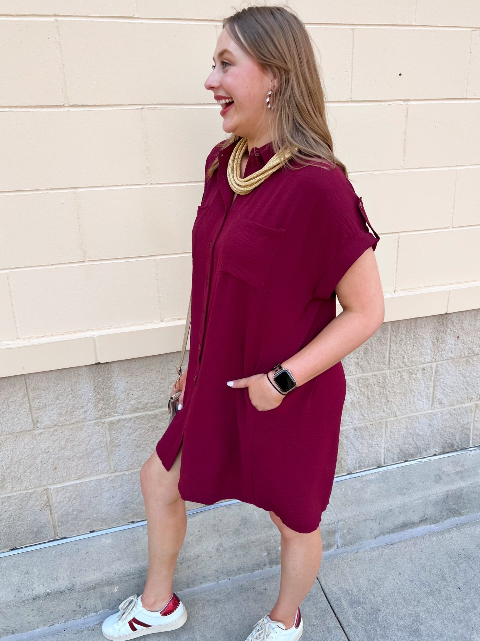Classic Charm Shirt Dress in Garnet - The Pink Pineapple 850