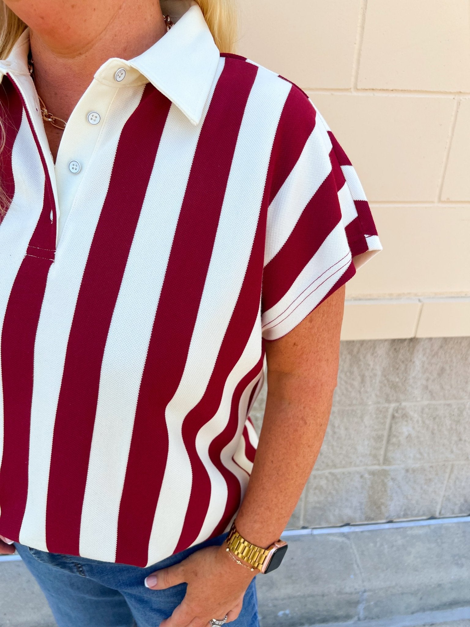 Classic Prep Striped Collared Top in Garnet - The Pink Pineapple 850