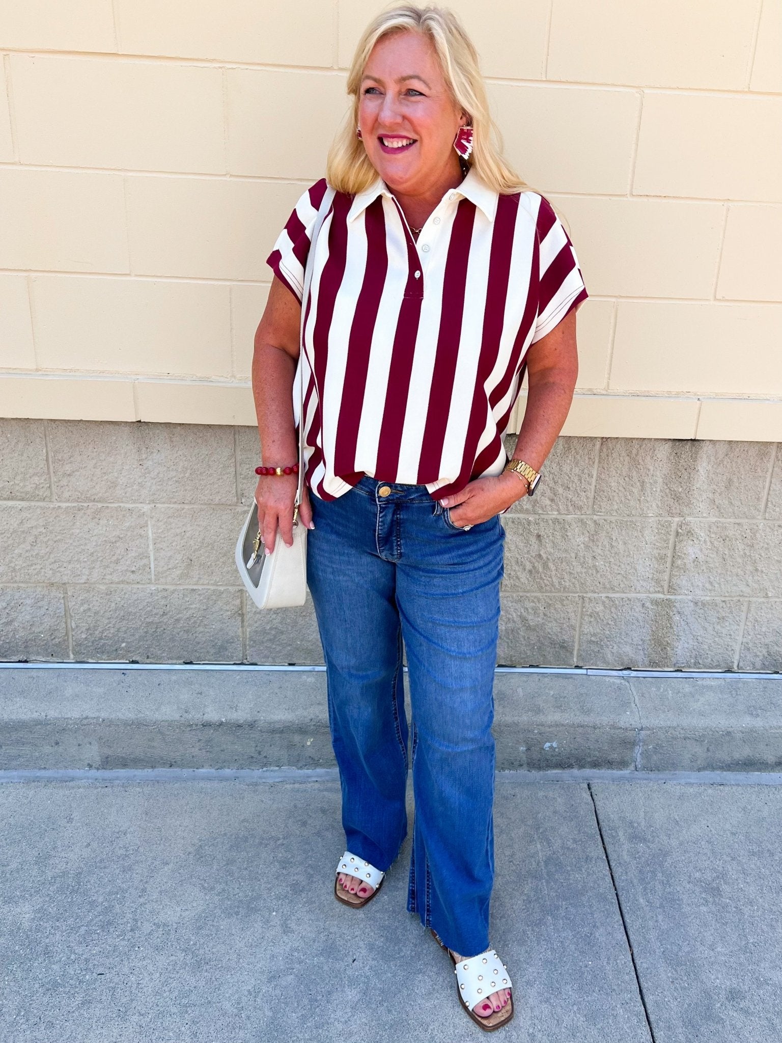 Classic Prep Striped Collared Top in Garnet - The Pink Pineapple 850