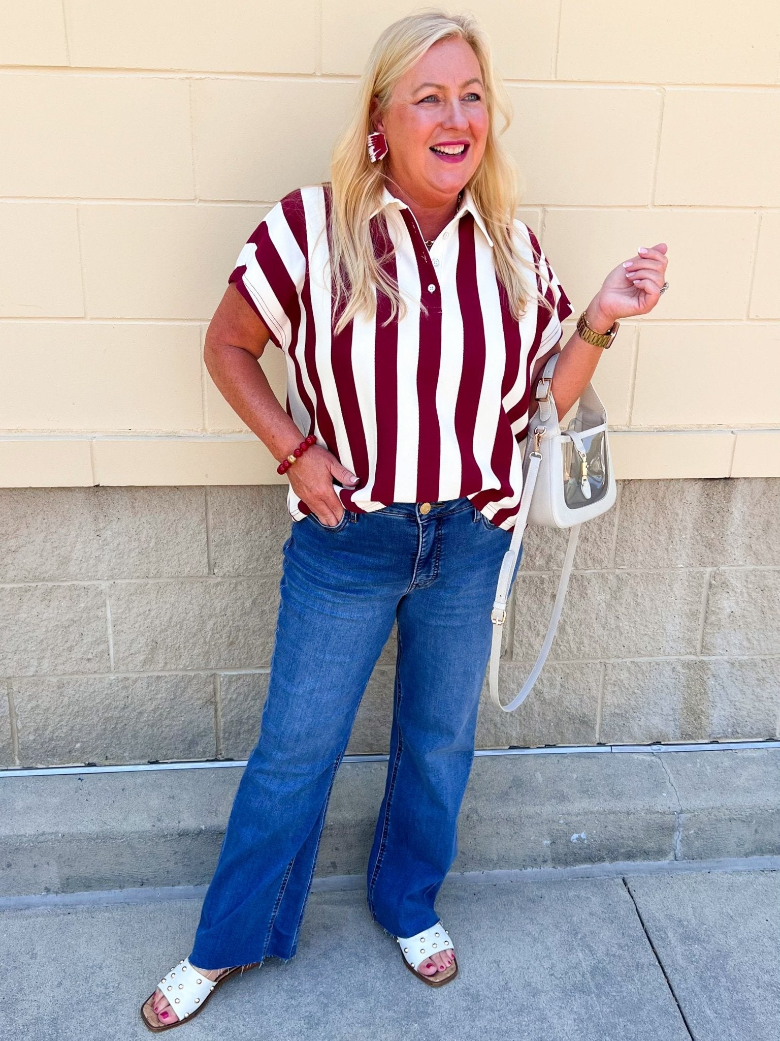 Classic Prep Striped Collared Top in Garnet - The Pink Pineapple 850