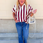 Classic Prep Striped Collared Top in Garnet - The Pink Pineapple 850
