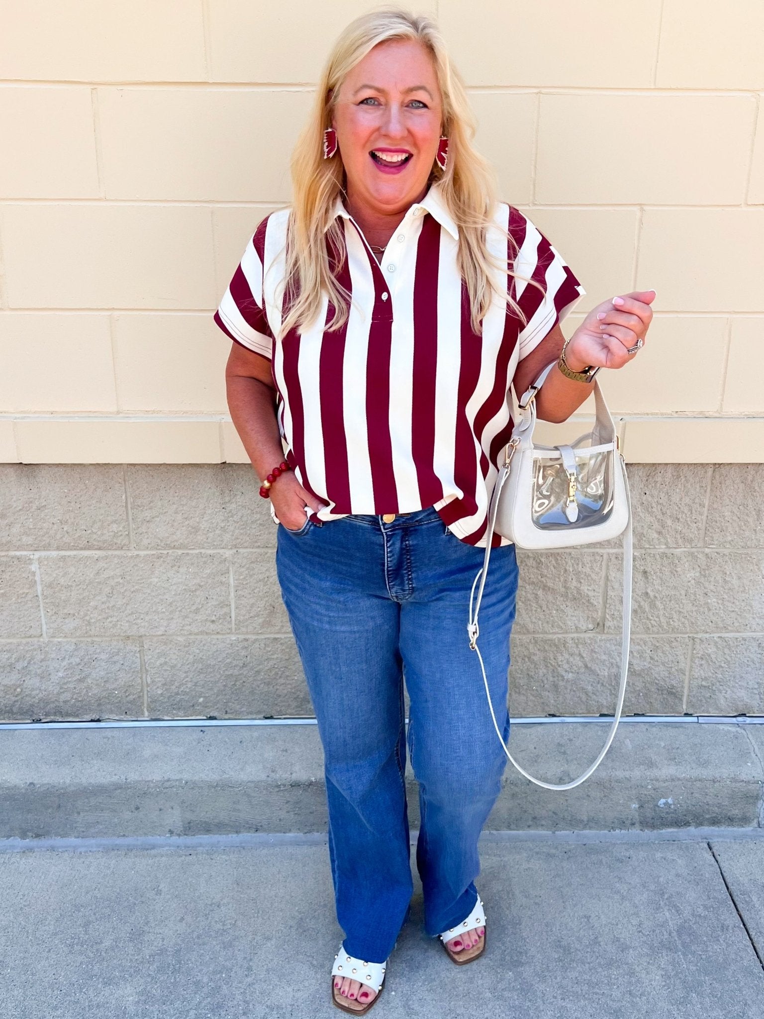 Classic Prep Striped Collared Top in Garnet - The Pink Pineapple 850