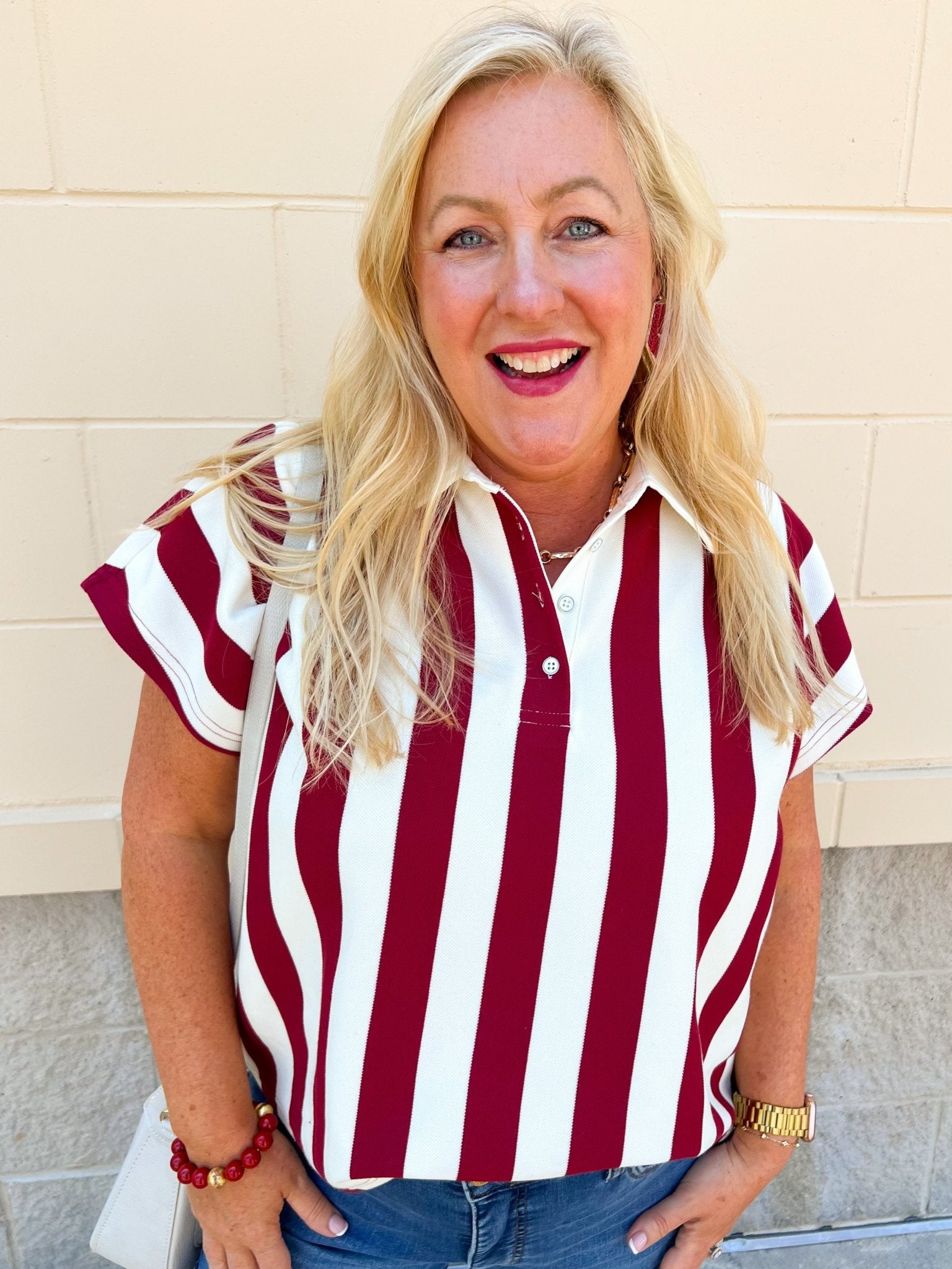 Classic Prep Striped Collared Top in Garnet - The Pink Pineapple 850