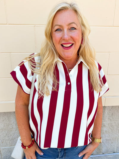 Classic Prep Striped Collared Top in Garnet - The Pink Pineapple 850