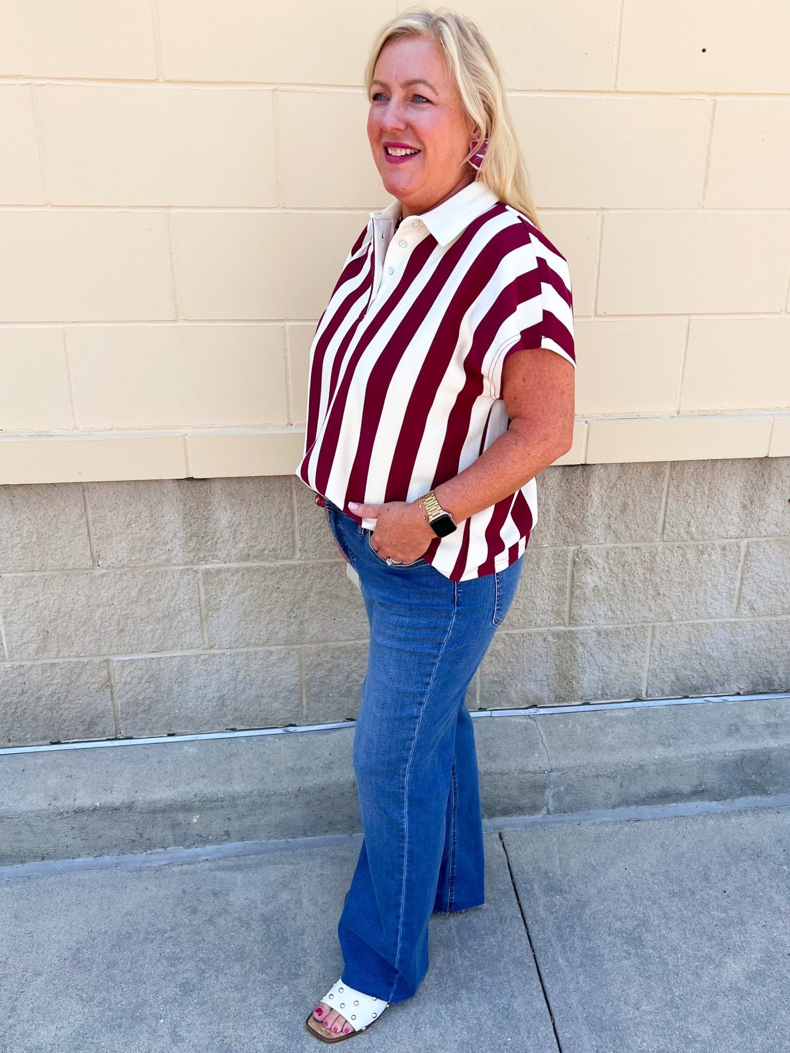 Classic Prep Striped Collared Top in Garnet - The Pink Pineapple 850