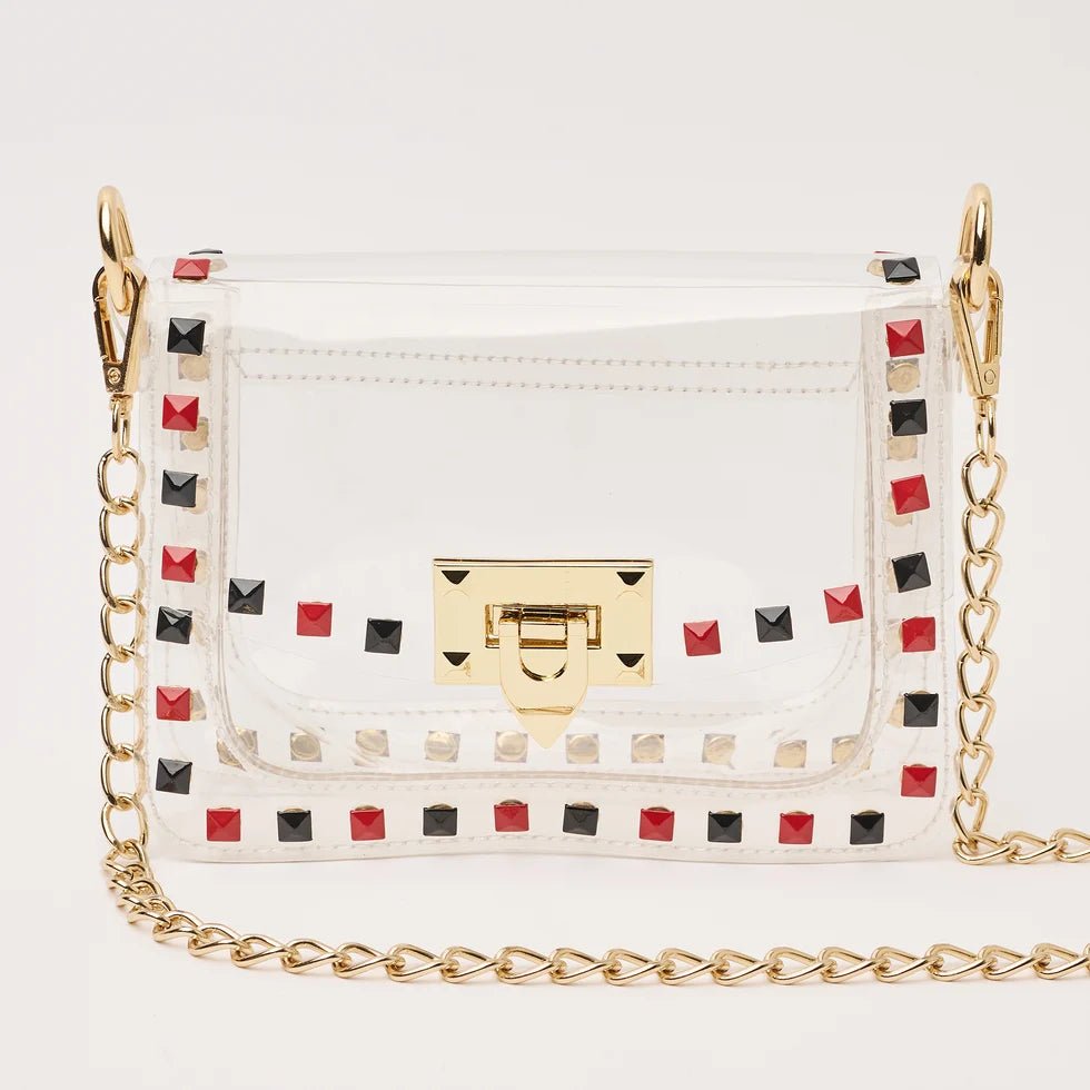 The Jackie Black and Red clear stadium crossbody bag with square stud accents and gold chain