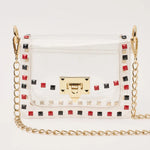 The Jackie Black and Red clear stadium crossbody bag with square stud accents and gold chain