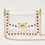 The Jackie Black and Red clear stadium crossbody bag with square stud accents and gold chain