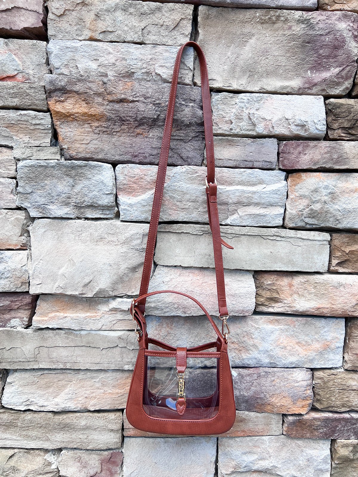 [Clearly Handbags] Paige Saddle Clear Stadium Handbag – Brown Leather - The Pink Pineapple 850