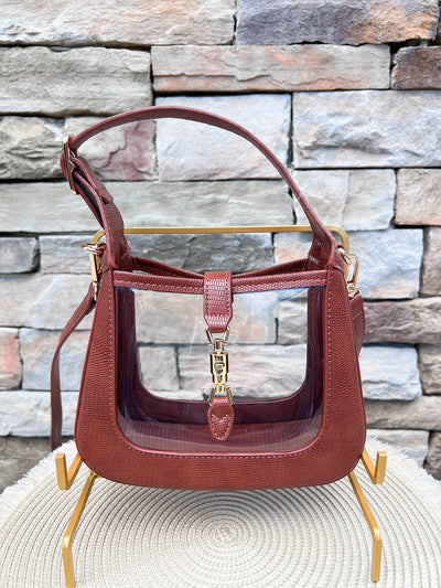 [Clearly Handbags] Paige Saddle Clear Stadium Handbag – Brown Leather - The Pink Pineapple 850