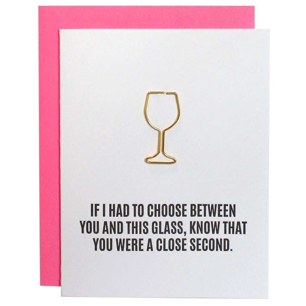 Close Second Wine Glass Paper Clip Letterpress Greeting Card - The Pink Pineapple 850
