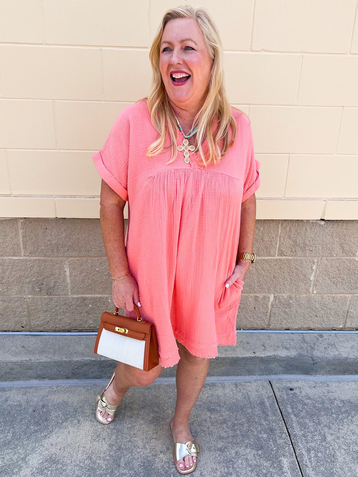 Coastal Breeze Linen Mini Dress in Coral - The Pink Pineapple 850
