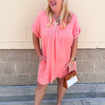 Coastal Breeze Linen Mini Dress in Coral - The Pink Pineapple 850