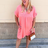 Coastal Breeze Linen Mini Dress in Coral - The Pink Pineapple 850