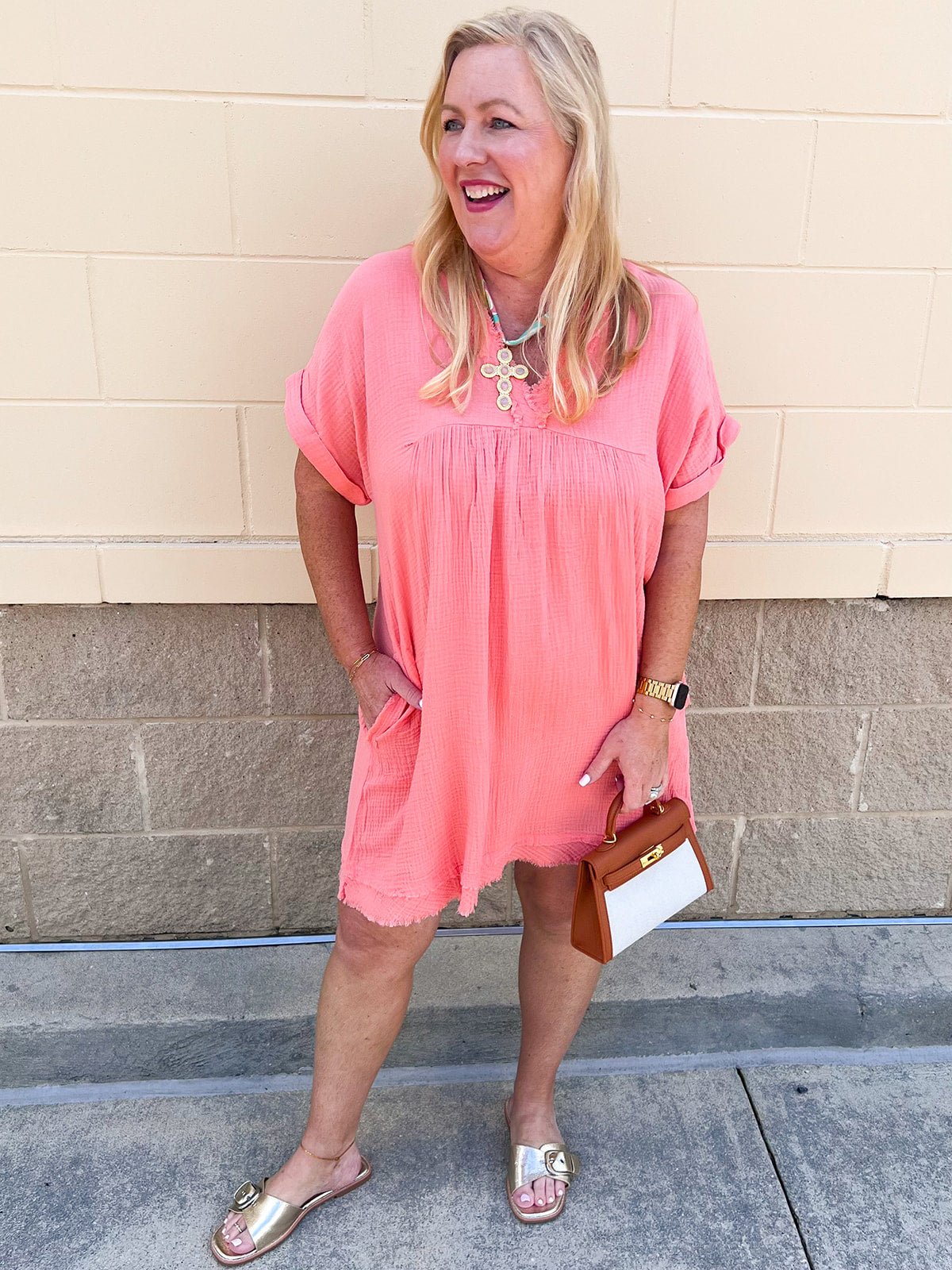 Coastal Breeze Linen Mini Dress in Coral - The Pink Pineapple 850