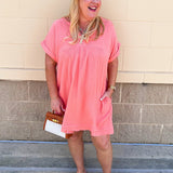 Coastal Breeze Linen Mini Dress in Coral - The Pink Pineapple 850