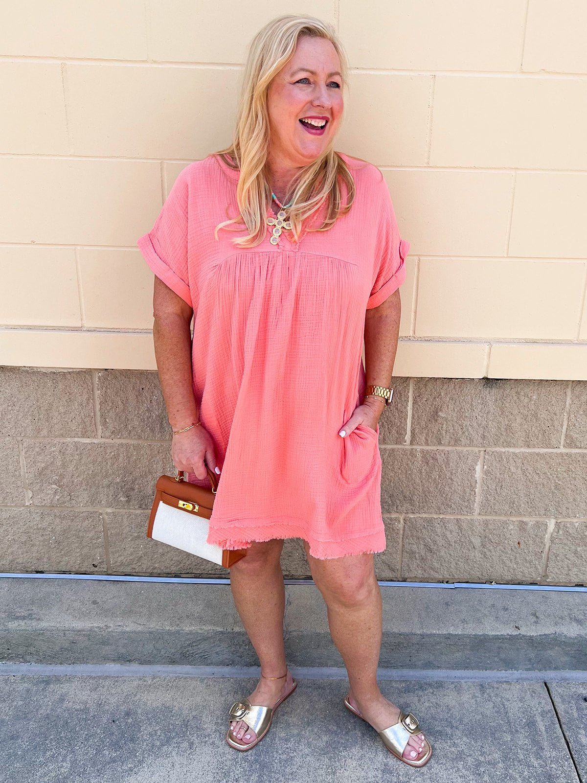 Coastal Breeze Linen Mini Dress in Coral - The Pink Pineapple 850