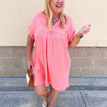 Coastal Breeze Linen Mini Dress in Coral - The Pink Pineapple 850