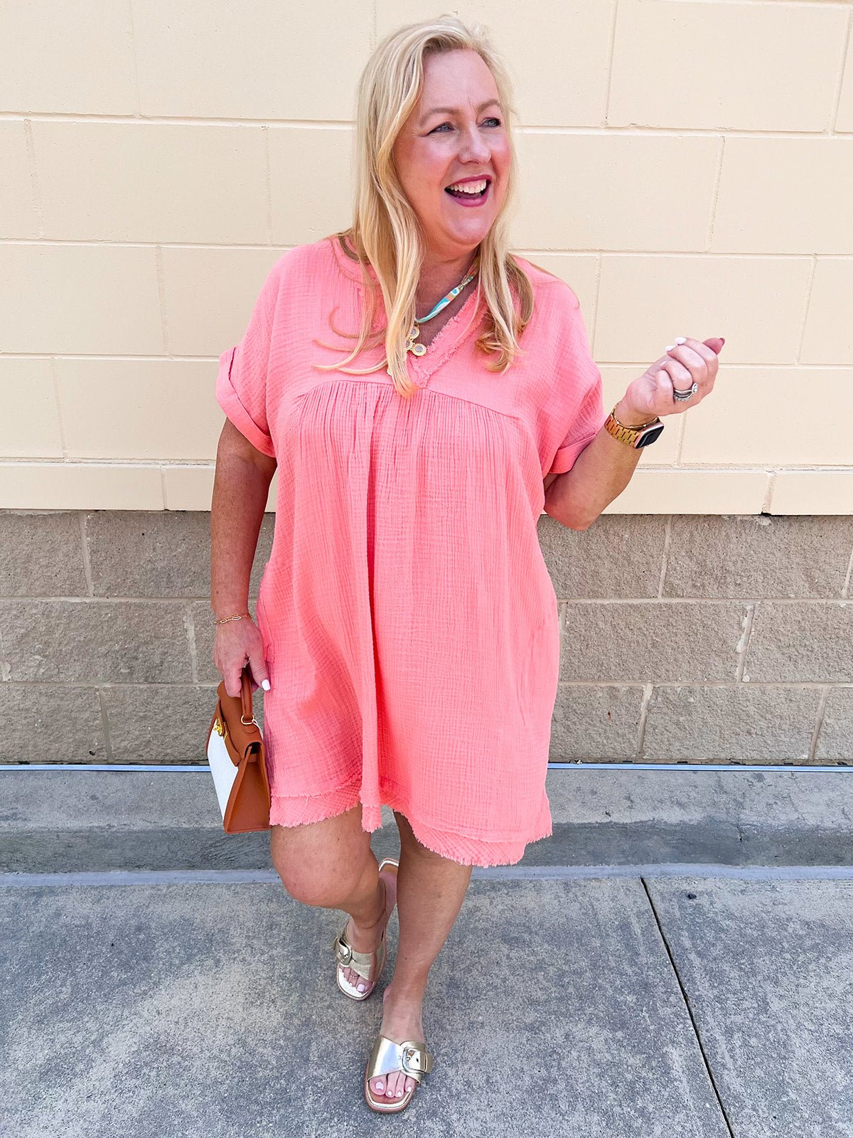 Coastal Breeze Linen Mini Dress in Coral - The Pink Pineapple 850