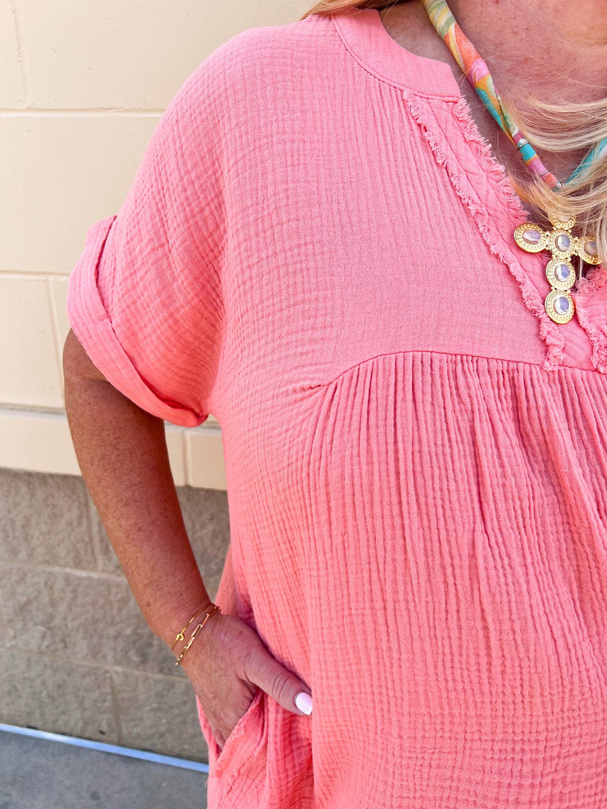 Coastal Breeze Linen Mini Dress in Coral - The Pink Pineapple 850