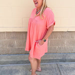 Coastal Breeze Linen Mini Dress in Coral - The Pink Pineapple 850