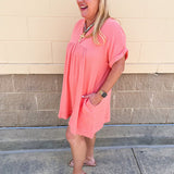 Coastal Breeze Linen Mini Dress in Coral - The Pink Pineapple 850