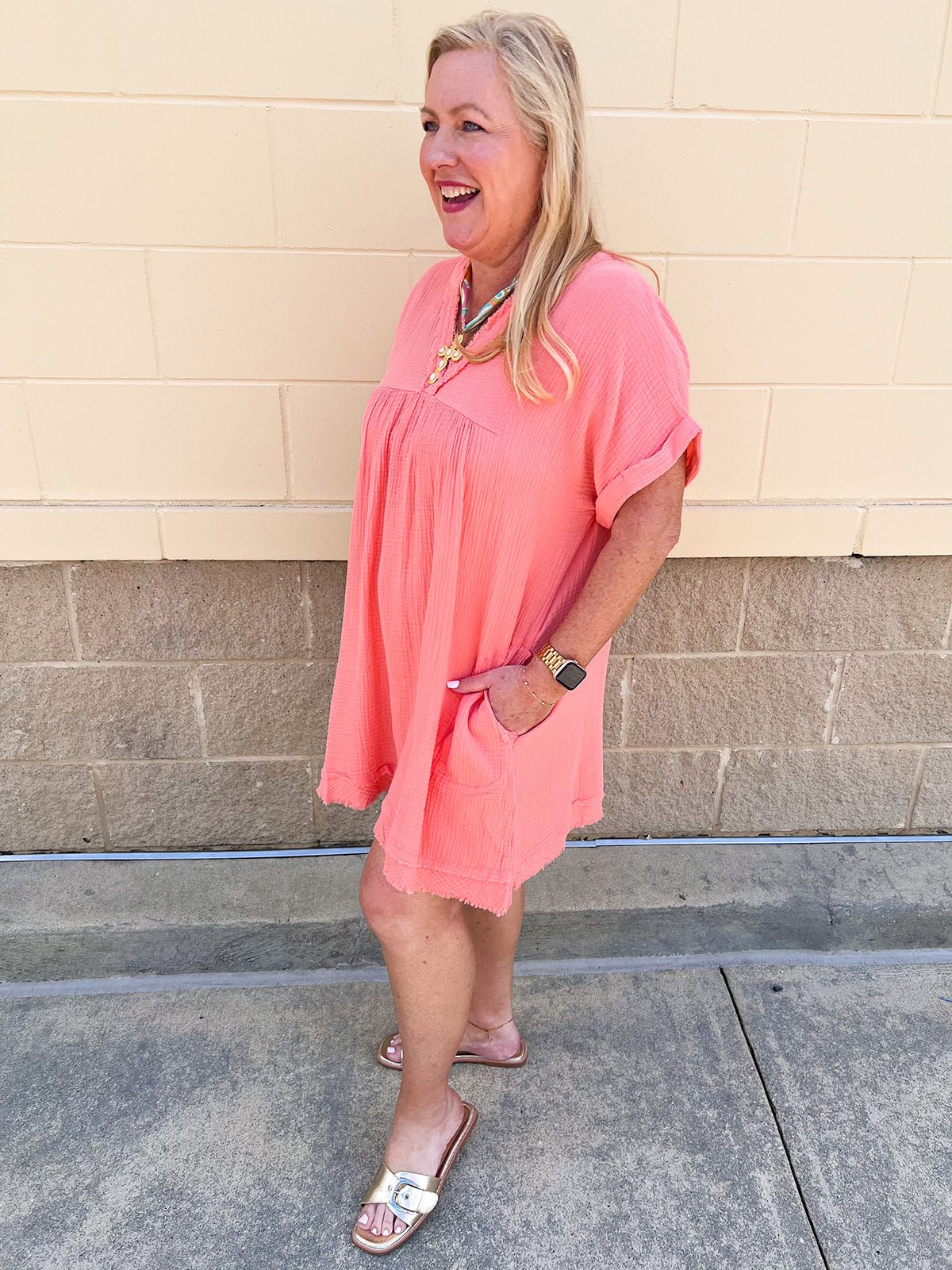 Coastal Breeze Linen Mini Dress in Coral - The Pink Pineapple 850