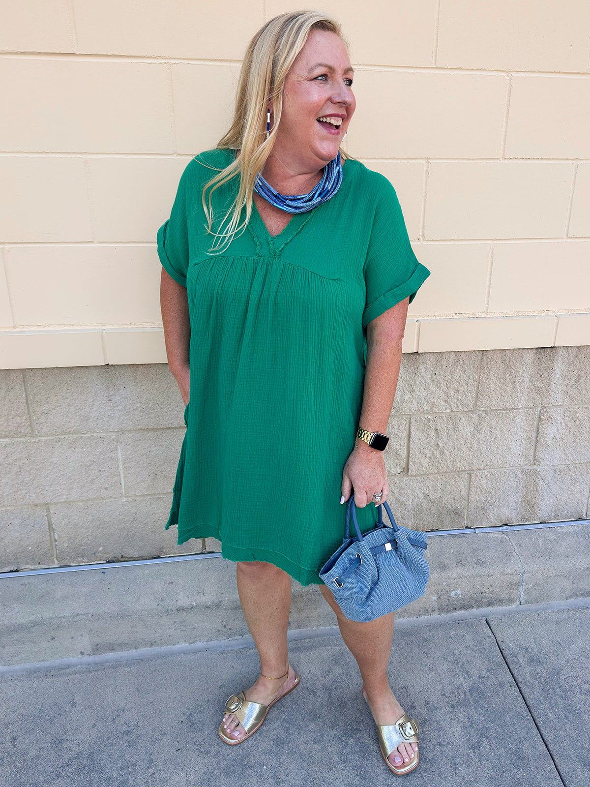 Coastal Breeze Linen Mini Dress in Kelly Green - The Pink Pineapple 850
