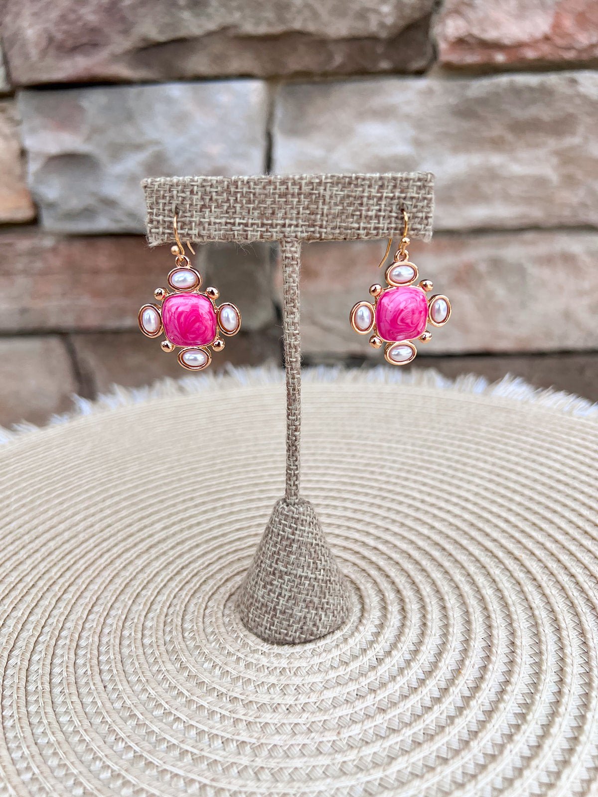 Coastal Chic Pearl Square Earrings in Hot Pink - The Pink Pineapple 850