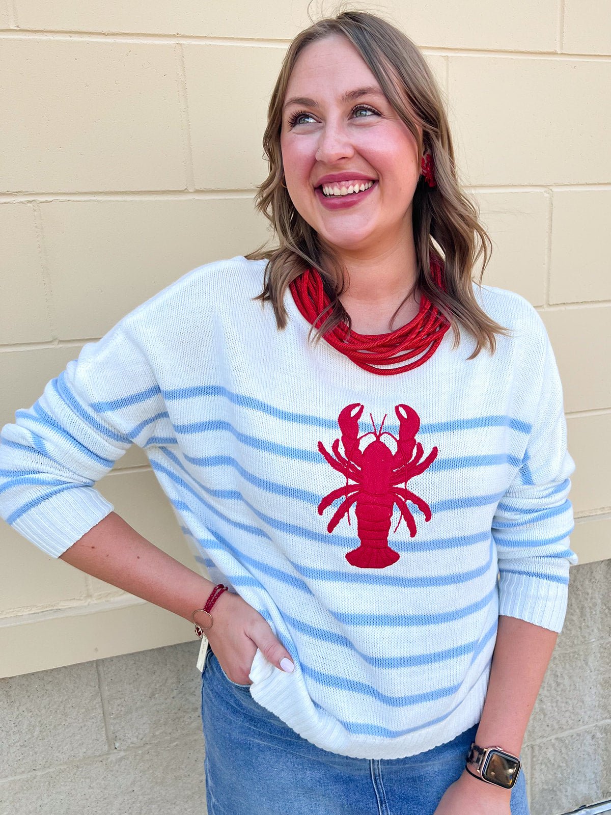 Coastal Lobster Stripe Relaxed Sweater - The Pink Pineapple 850