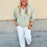 Complete Awe V - Neck Loose Fit Top in Sage - The Pink Pineapple 850