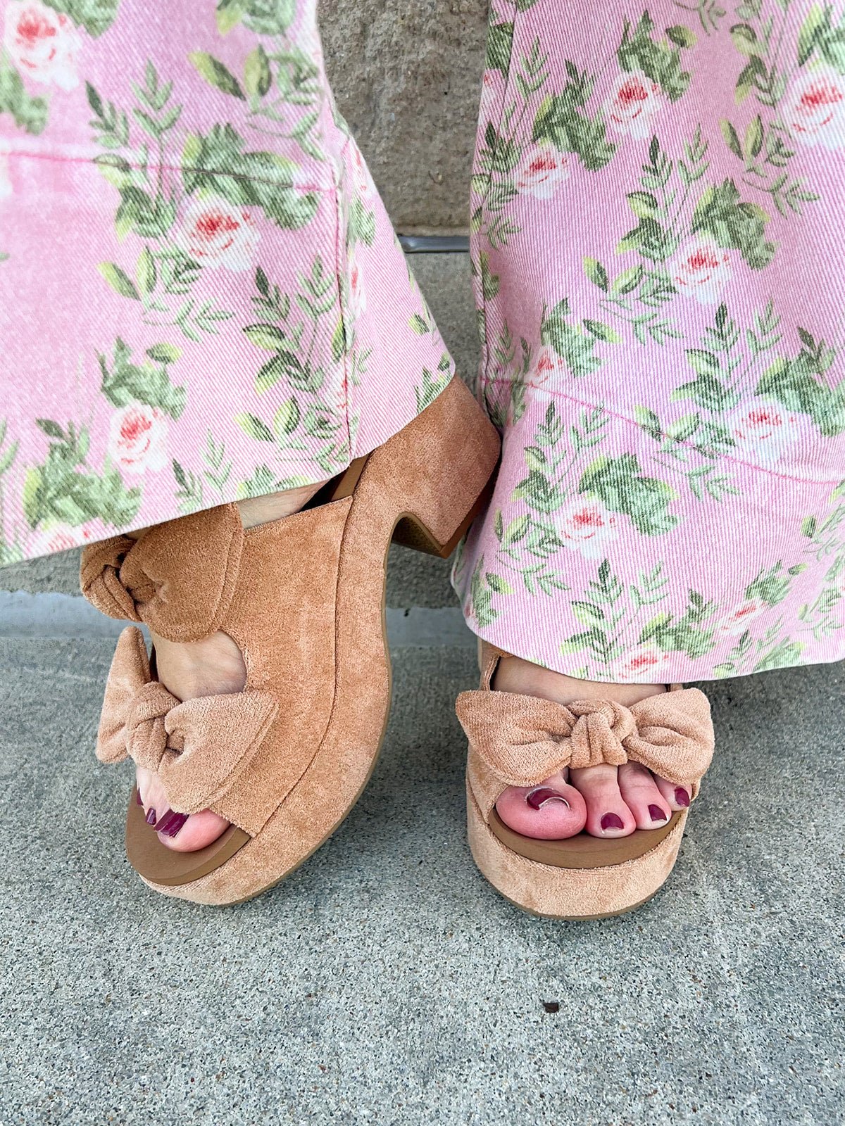 [Corkys] Camel Faux Suede Put a Bow on It Wedges - The Pink Pineapple 850