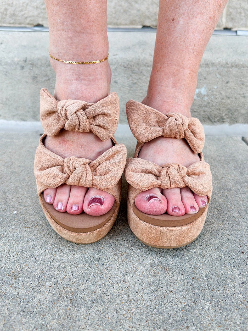 [Corkys] Camel Faux Suede Put a Bow on It Wedges - The Pink Pineapple 850