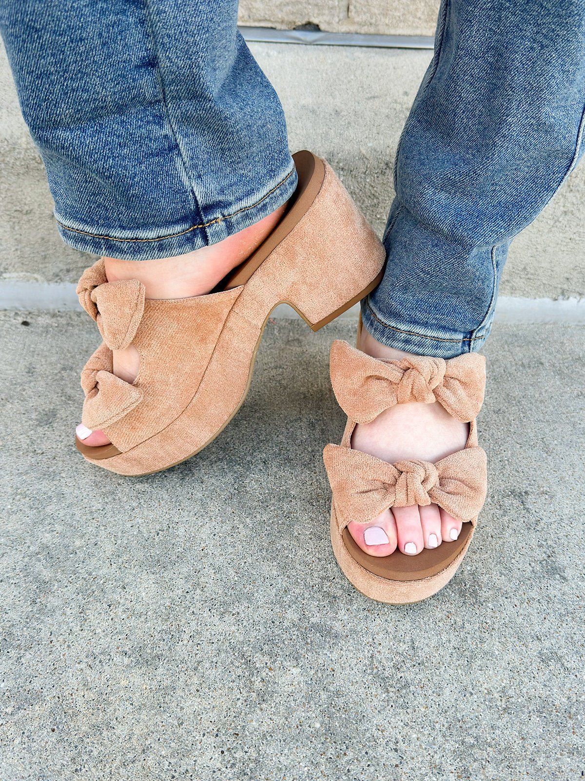 [Corkys] Camel Faux Suede Put a Bow on It Wedges - The Pink Pineapple 850