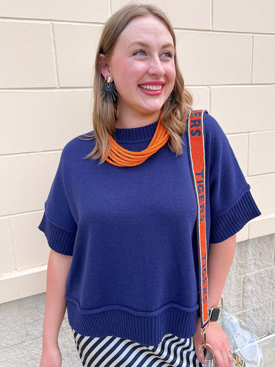 Cozy Contrast Stitch Sweater Top in Navy - The Pink Pineapple 850