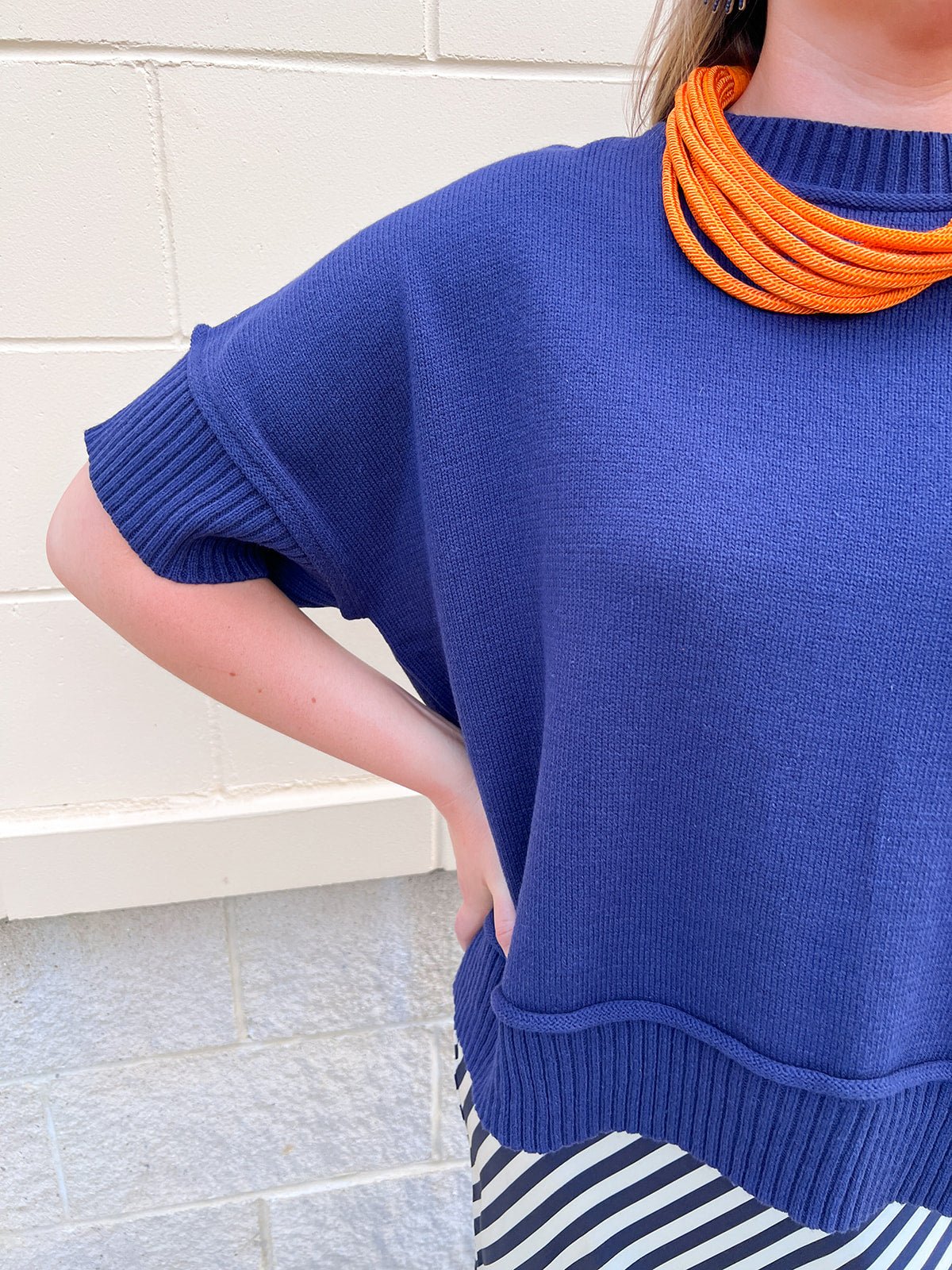 Cozy Contrast Stitch Sweater Top in Navy - The Pink Pineapple 850