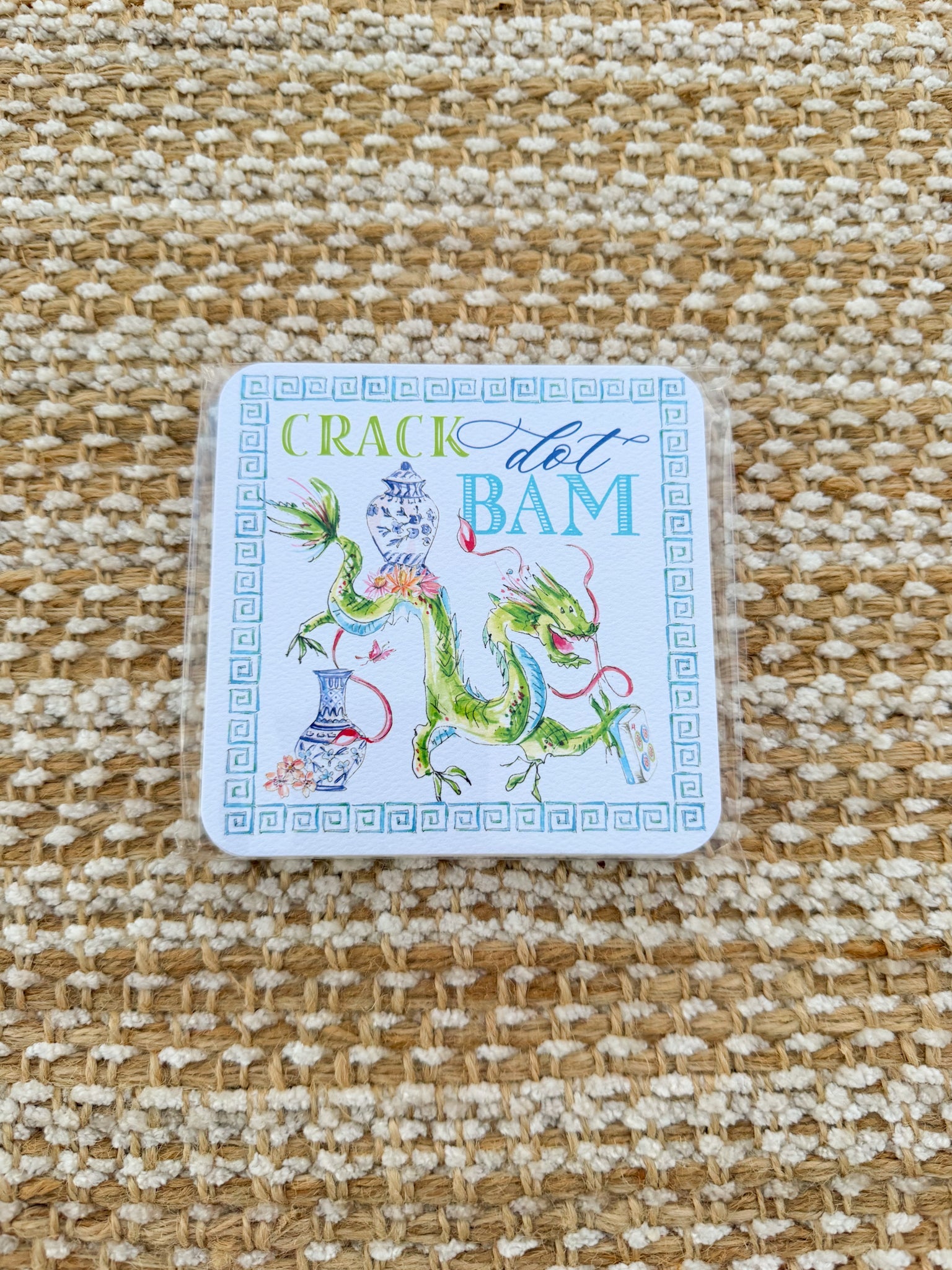 Crack Dot Bam Mahjong Dragon Blue Square Coaster - The Pink Pineapple 850