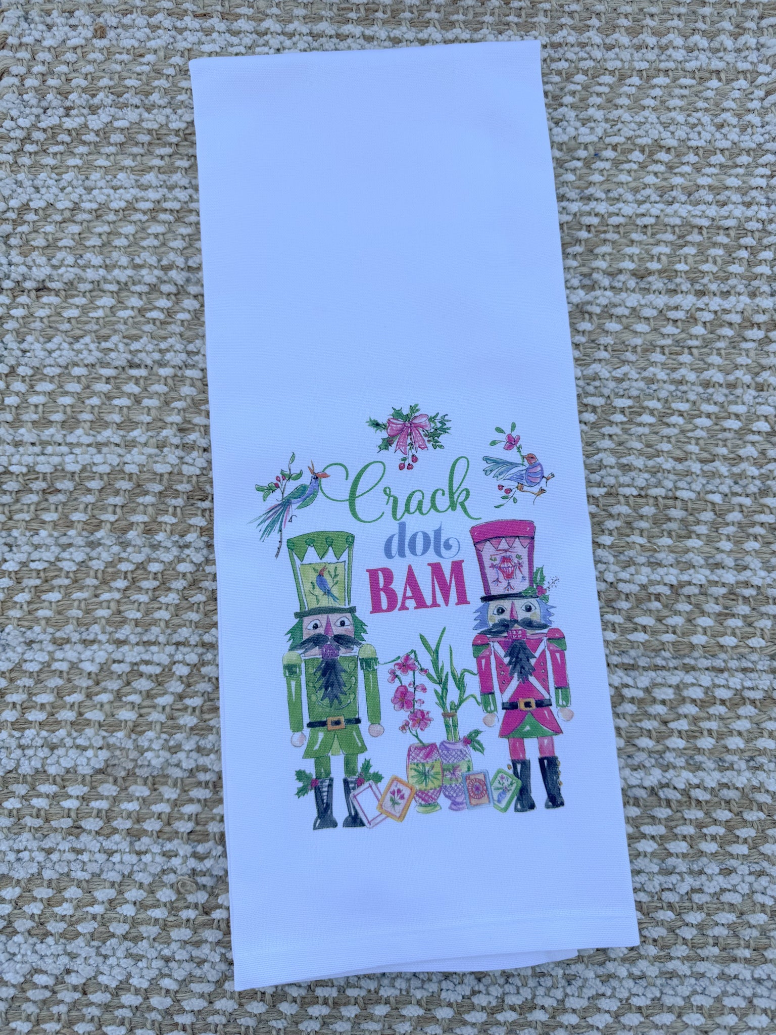 Crack Dot Bam Pink Green Nutcrackers Mahjong Kitchen Towel - The Pink Pineapple 850