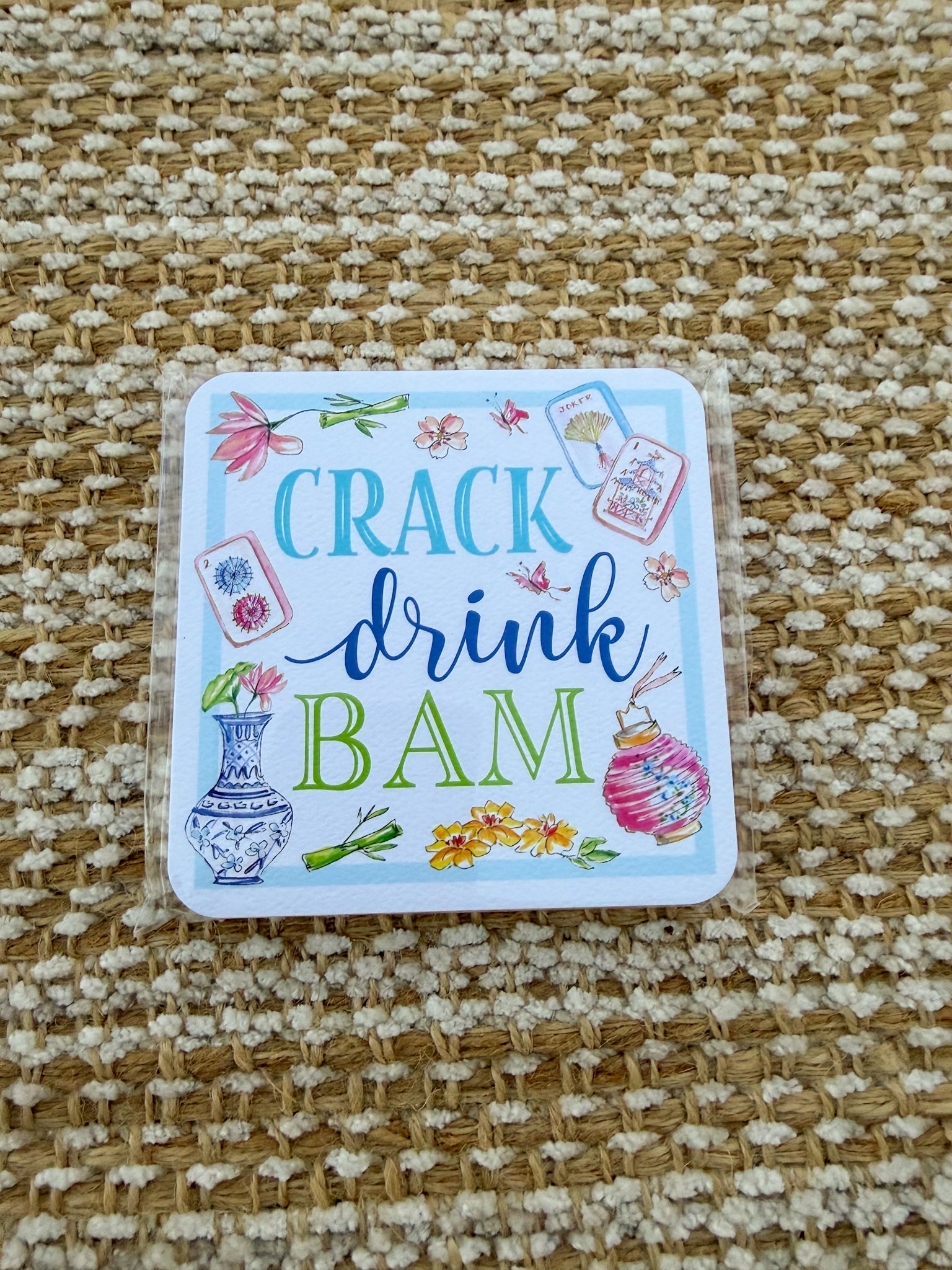 Crack Drink Bam Blue Square Coaster - The Pink Pineapple 850