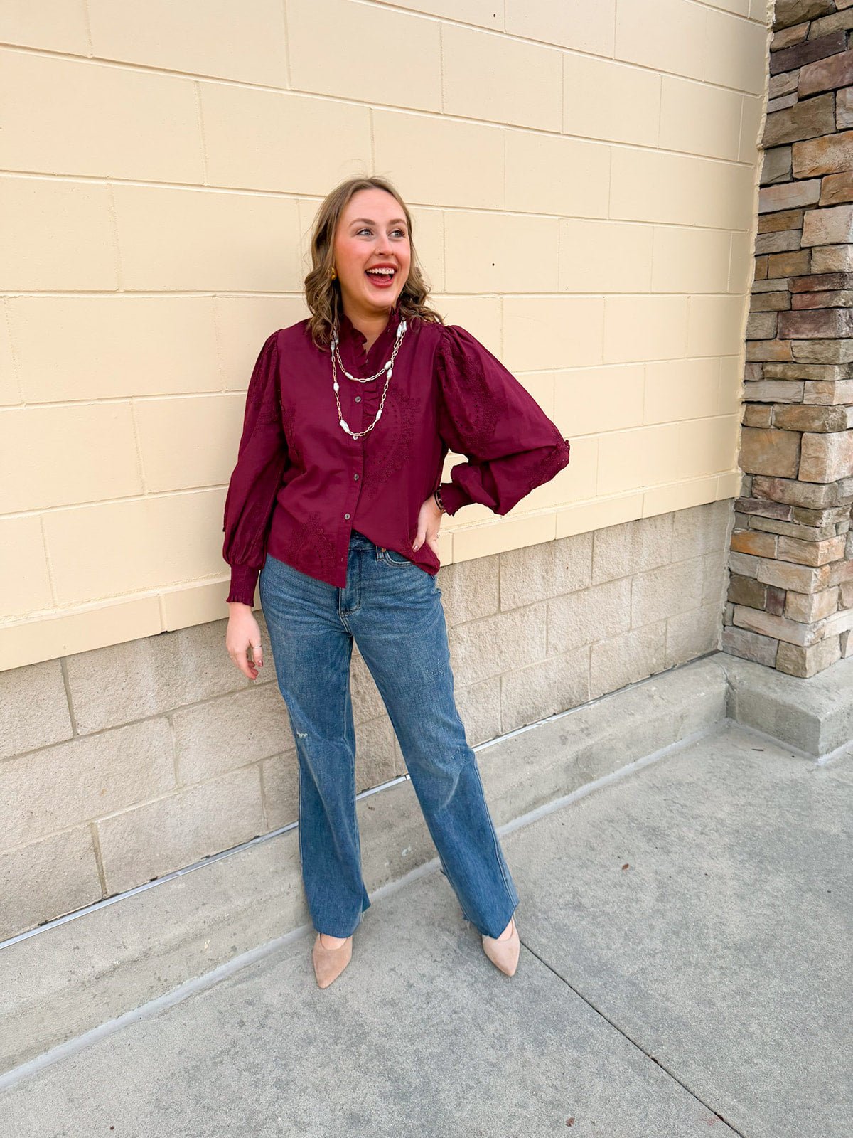 Crimson Charm Ruffle Neck Blouse - The Pink Pineapple 850