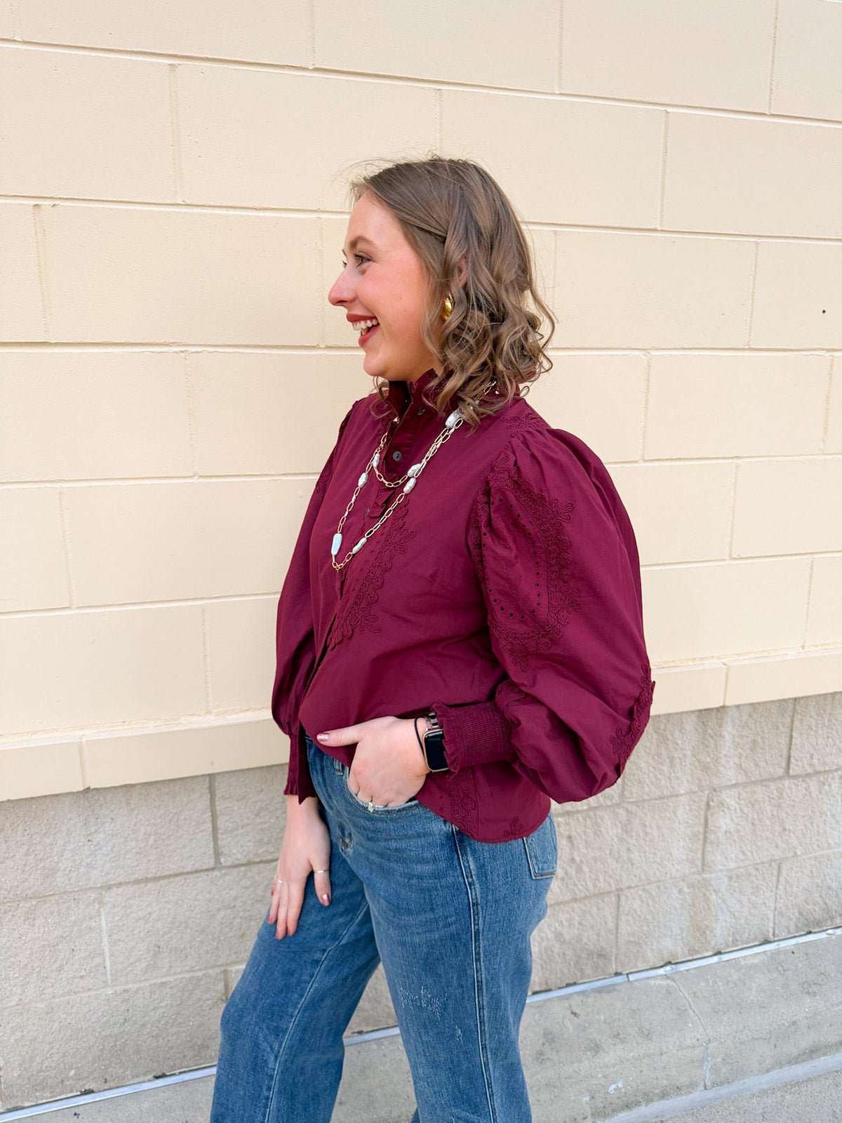 Crimson Charm Ruffle Neck Blouse - The Pink Pineapple 850