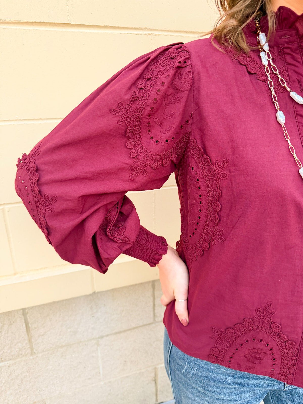 Crimson Charm Ruffle Neck Blouse - The Pink Pineapple 850